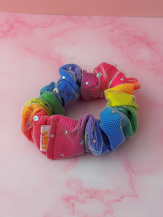 Rainbow Sparkle - Multicolour satin & mesh wide scrunchie