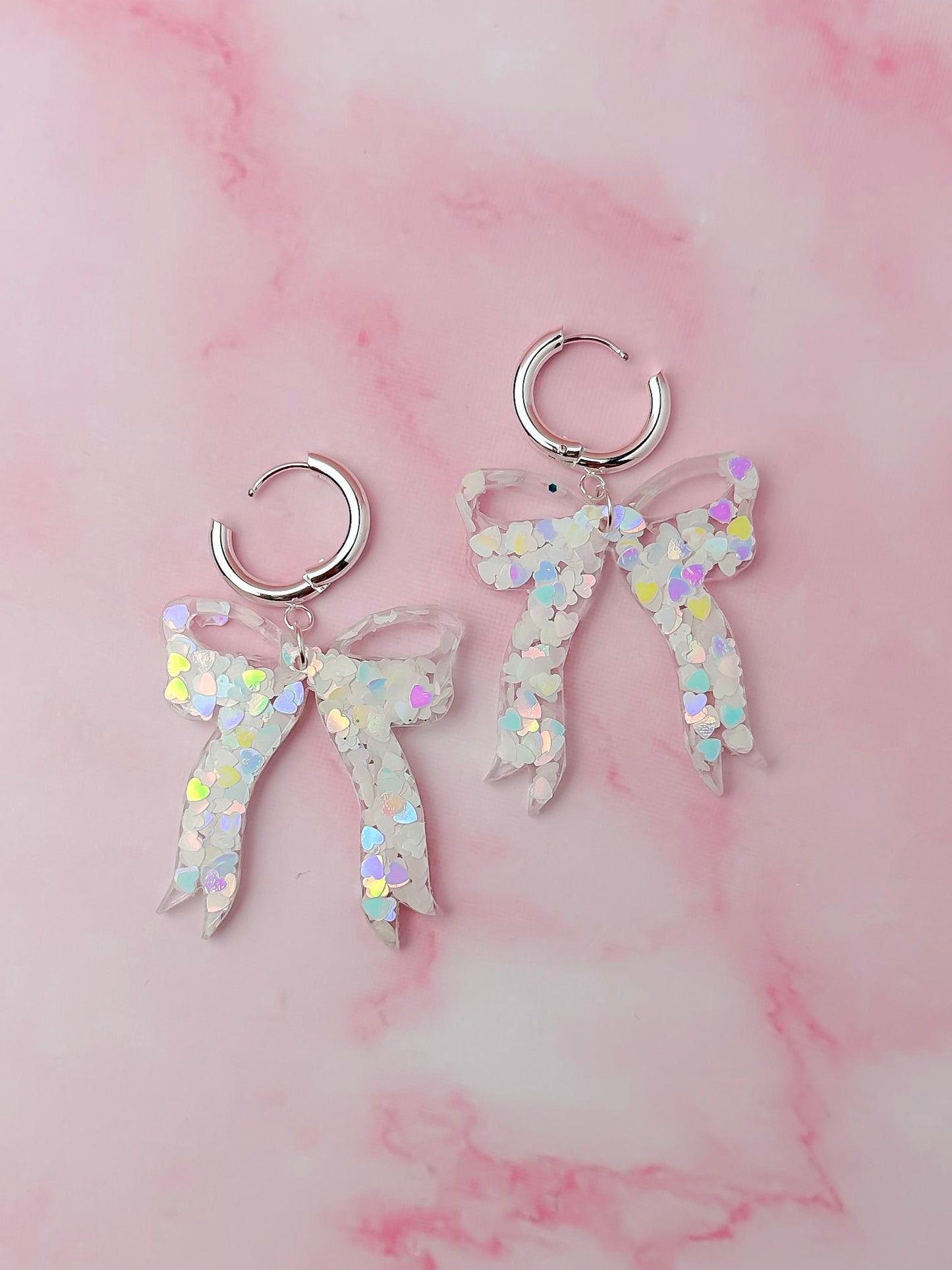 Marry Me Bows - White iridescent heart glitter Resin Earrings
