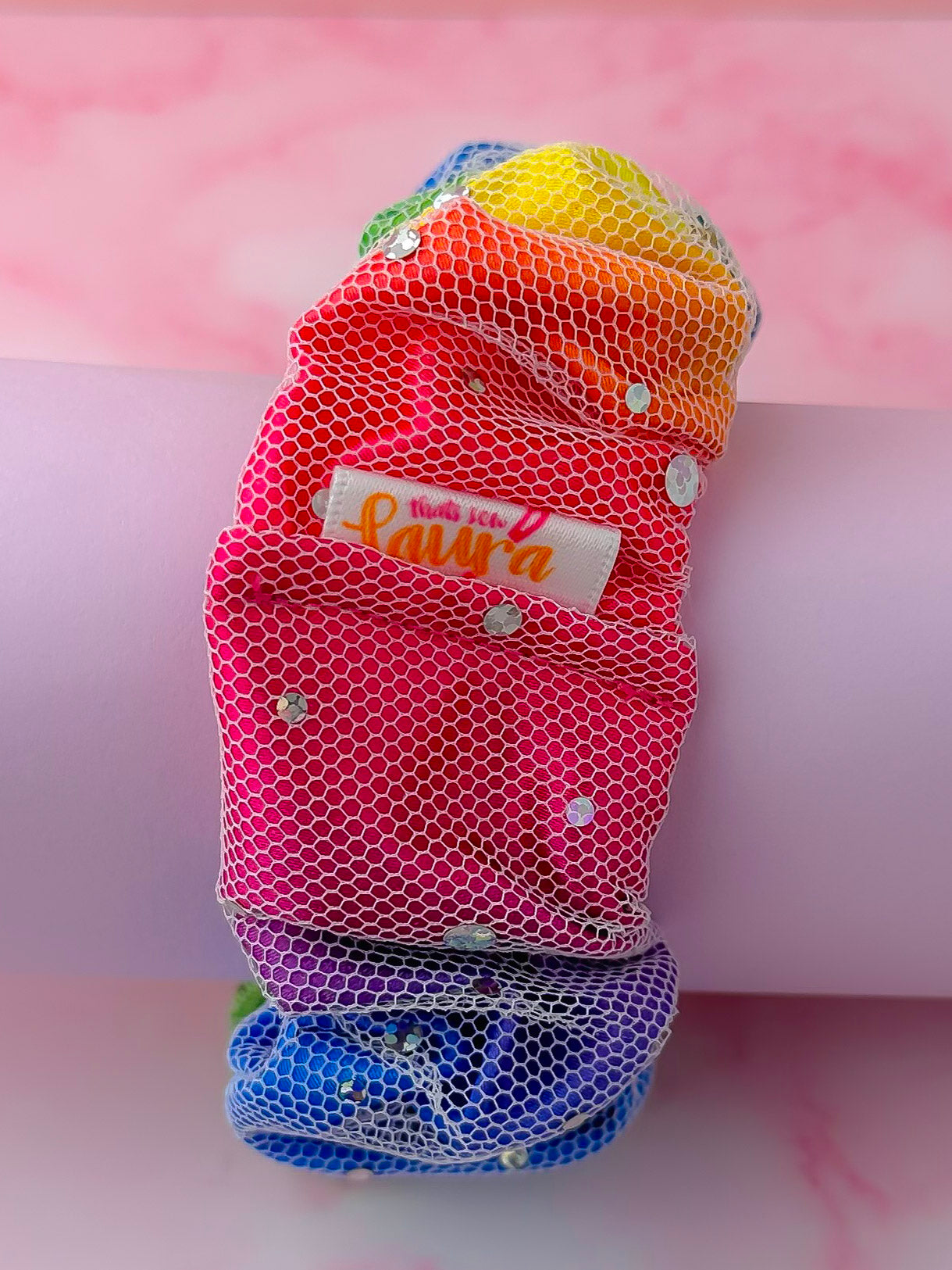 Rainbow Sparkle - Multicolour satin & mesh wide scrunchie
