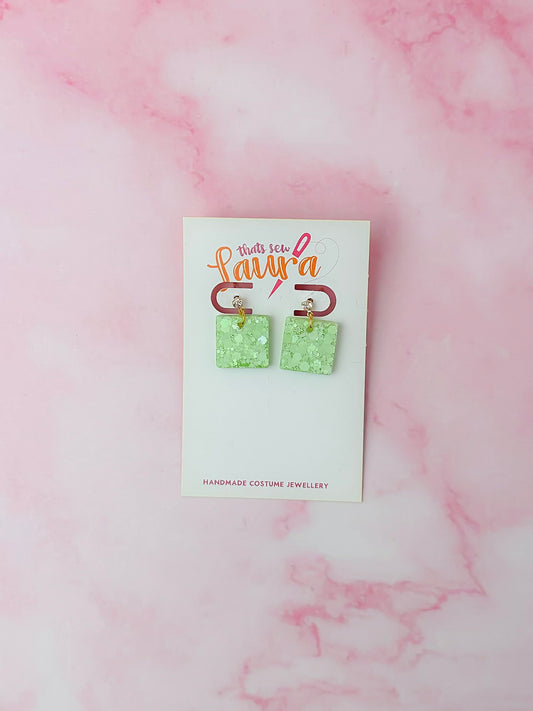Lime Squares - Pastel lime glitter Resin Earrings