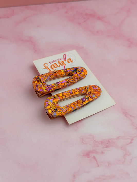 Trick or Treat - orange and purple classic style Glitter Resin Hair Clips