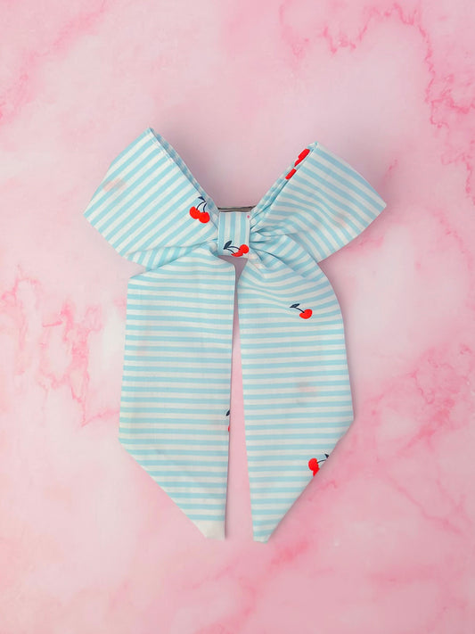 Cherrie - blue and white striped cherry print long Hair Bow