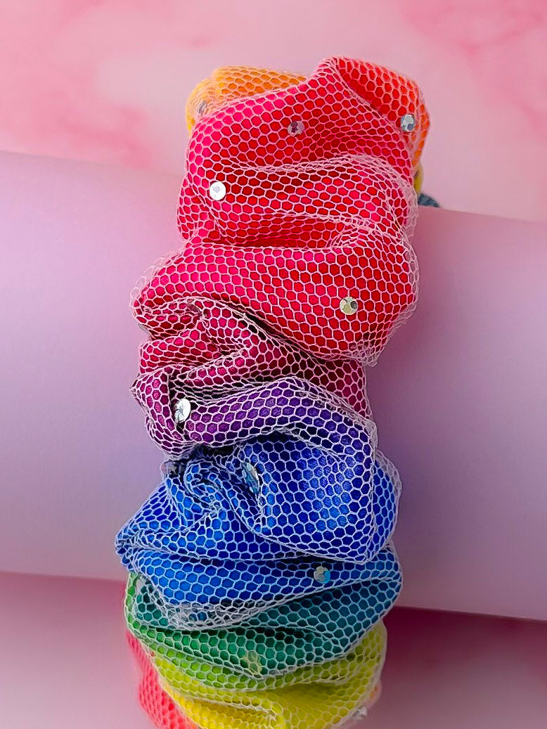 Rainbow Sparkle - Multicolour satin & mesh wide scrunchie