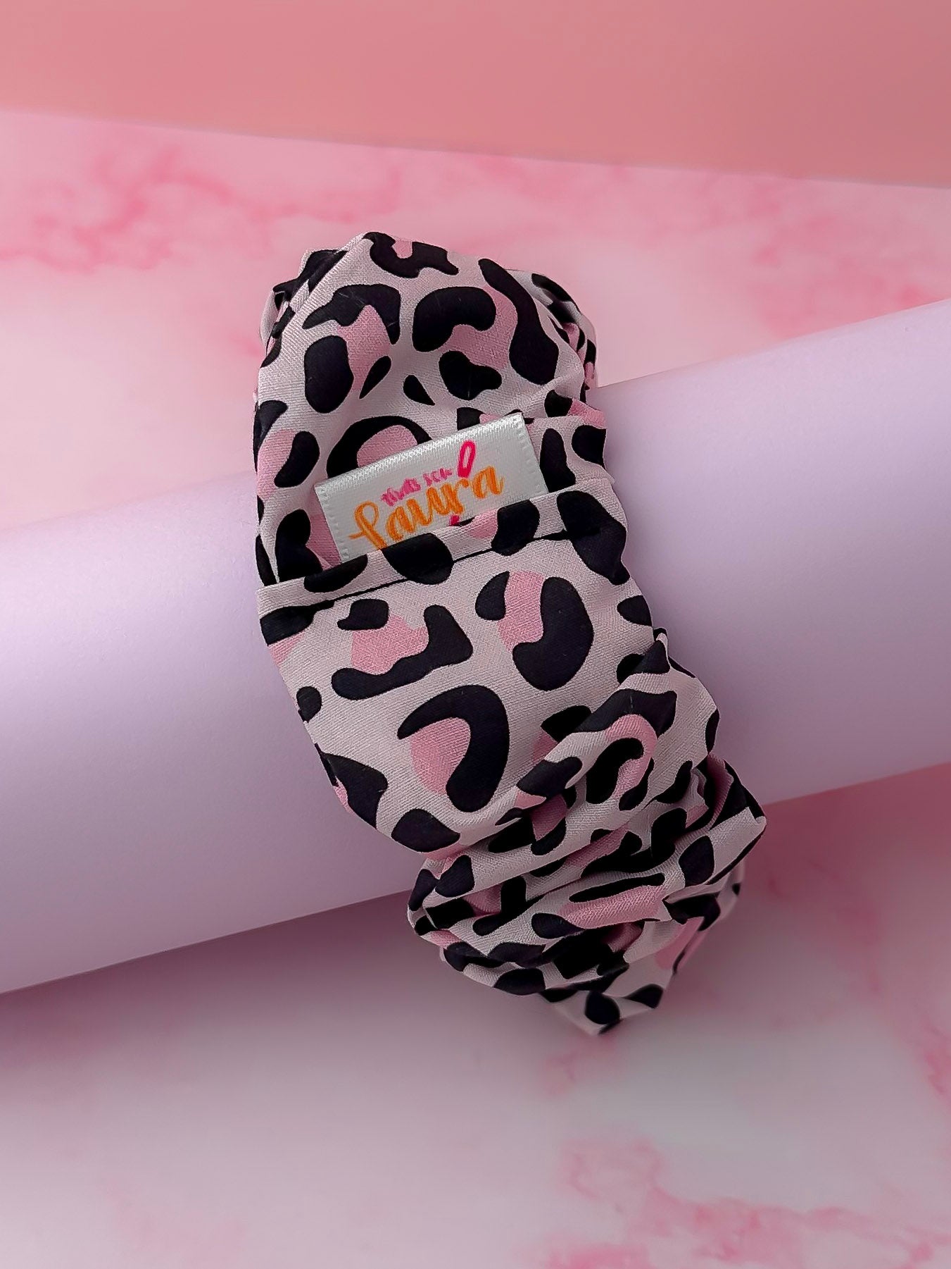 Kayleigh - Pink and black Leopard print wide scrunchie