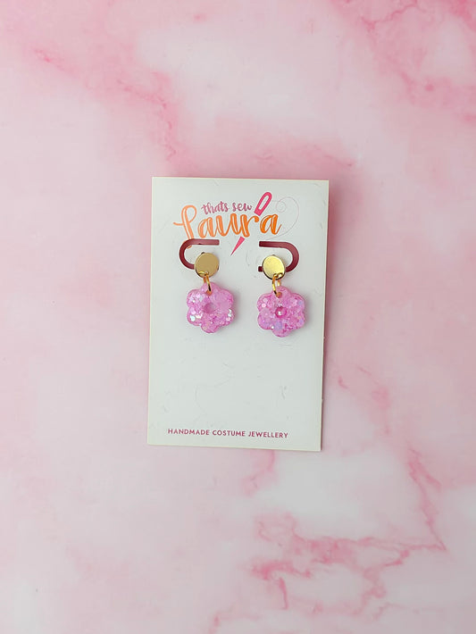 Pink flowers - Pastel pink glitter disc drops Resin Earrings