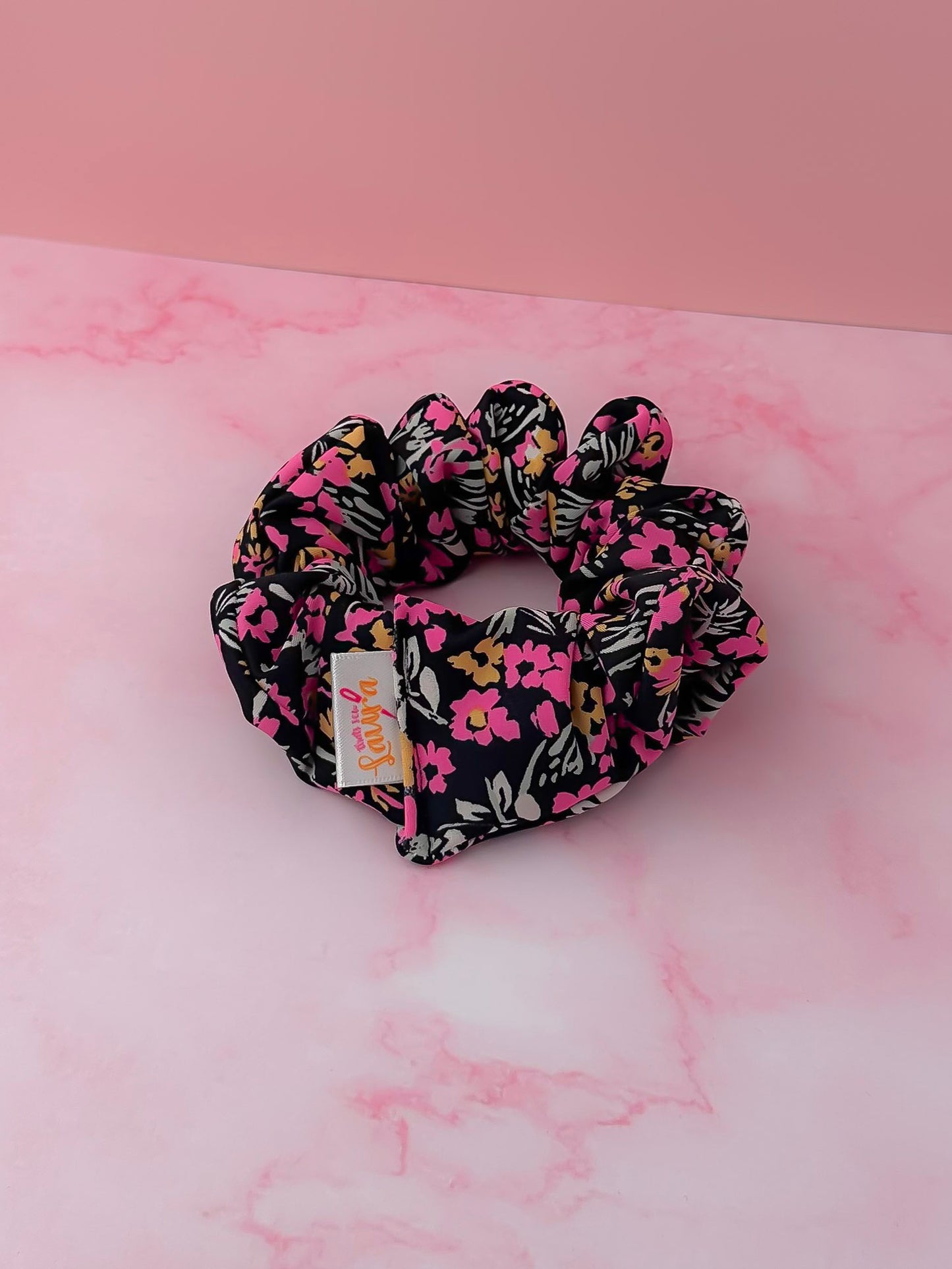 Flora - Black & Pink floral gym & swim wide scrunchie