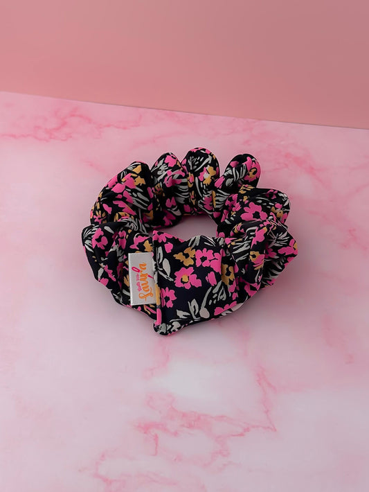 Flora - Black & Pink floral gym & swim wide scrunchie