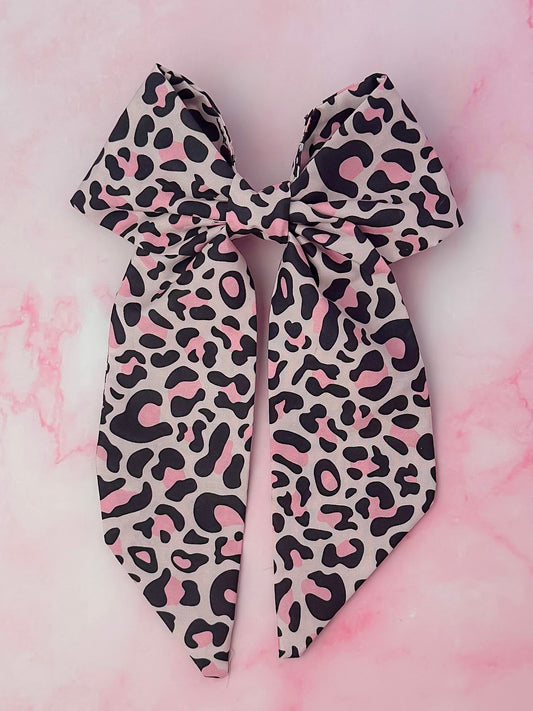 Kayleigh - Pink and black leopard print long Hair Bow