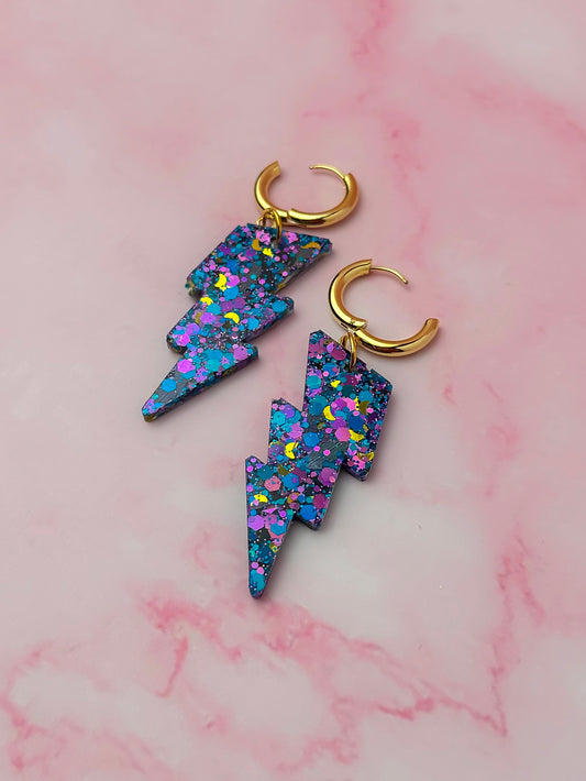 Mystical moon lighting bolts - purple, blue & gold Resin Earrings