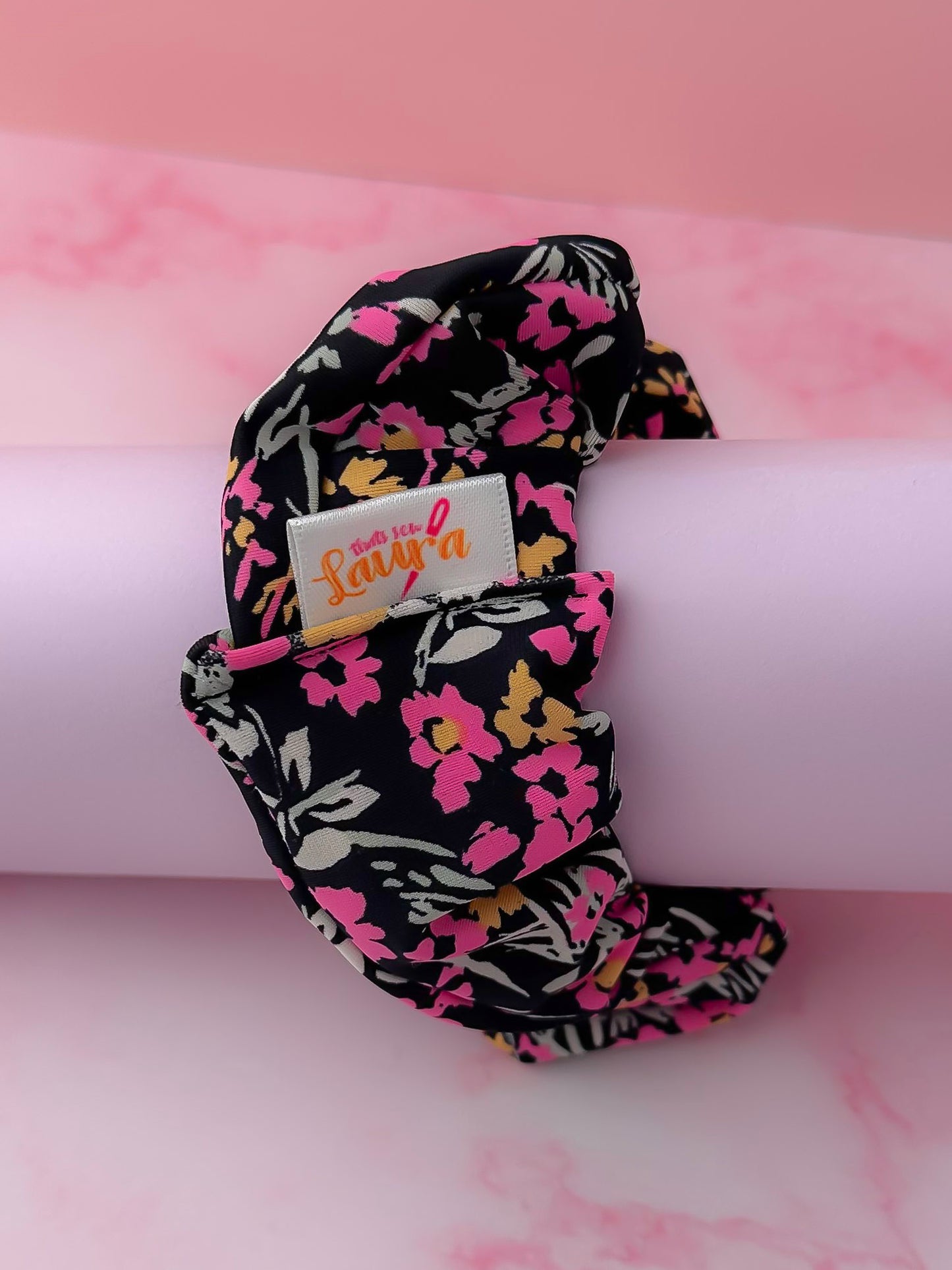 Flora - Black & Pink floral gym & swim wide scrunchie