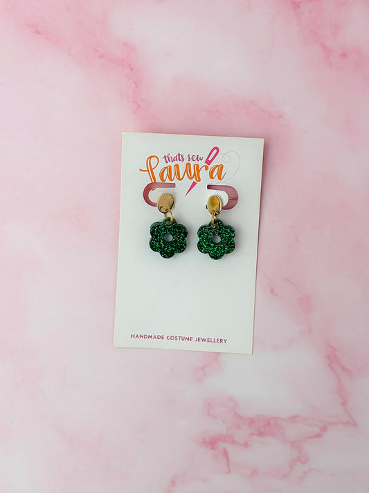 Forrest Flowers - Dark Green flower glitter Resin Earrings