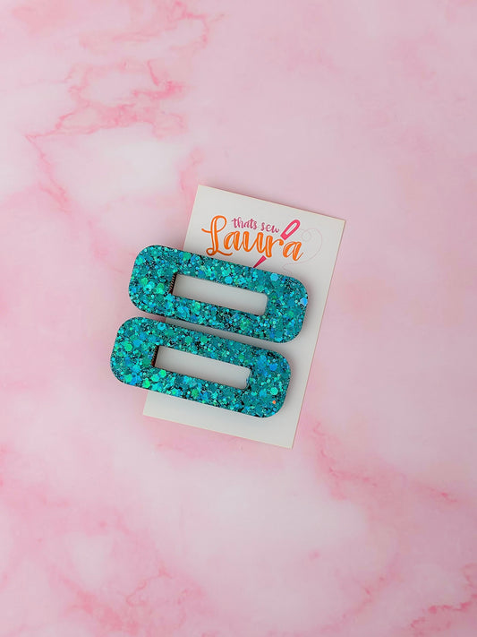 Teal - Blue Oblong Glitter Resin Hair Clips