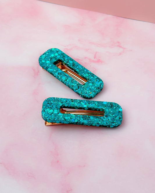 Teal - Blue Oblong Glitter Resin Hair Clips