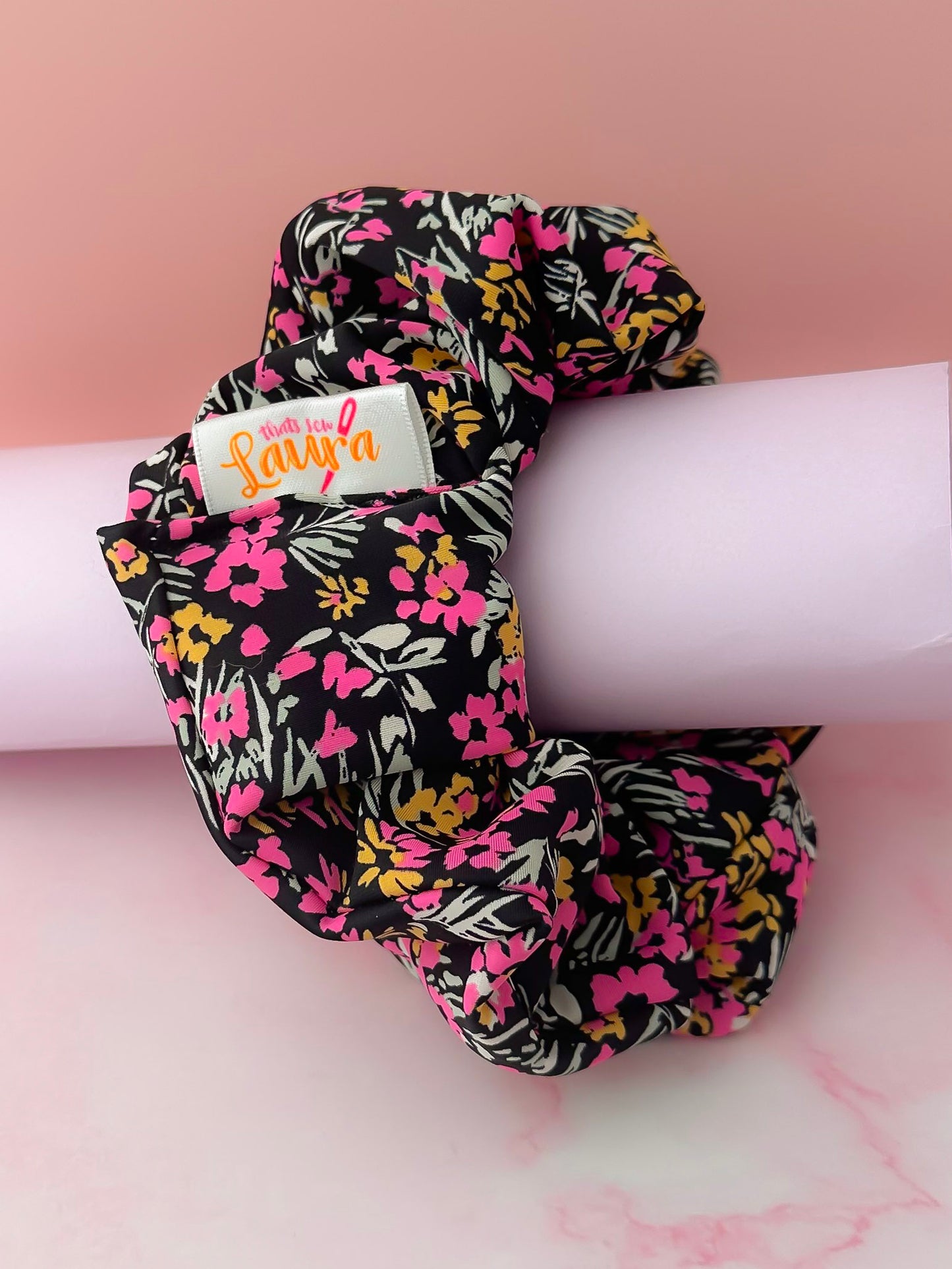 Flora - Black, Pink and Orange floral print Gym & Swim XL Scrunchie