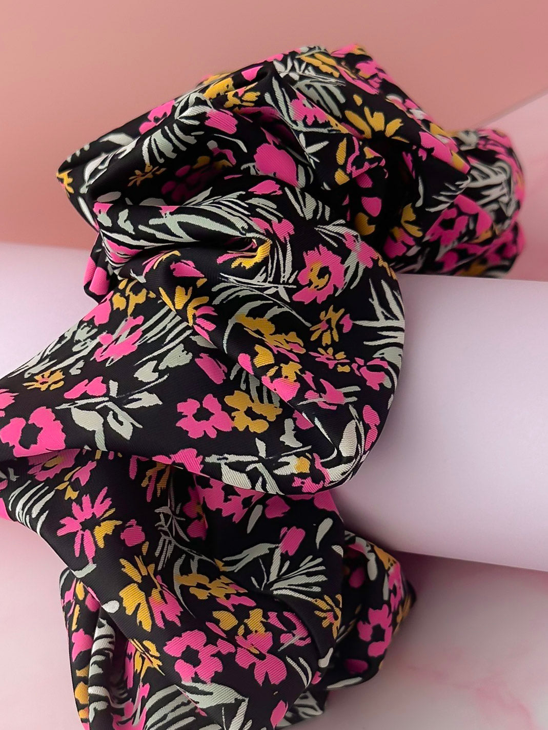 Flora - Black, Pink and Orange floral print Gym & Swim XL Scrunchie