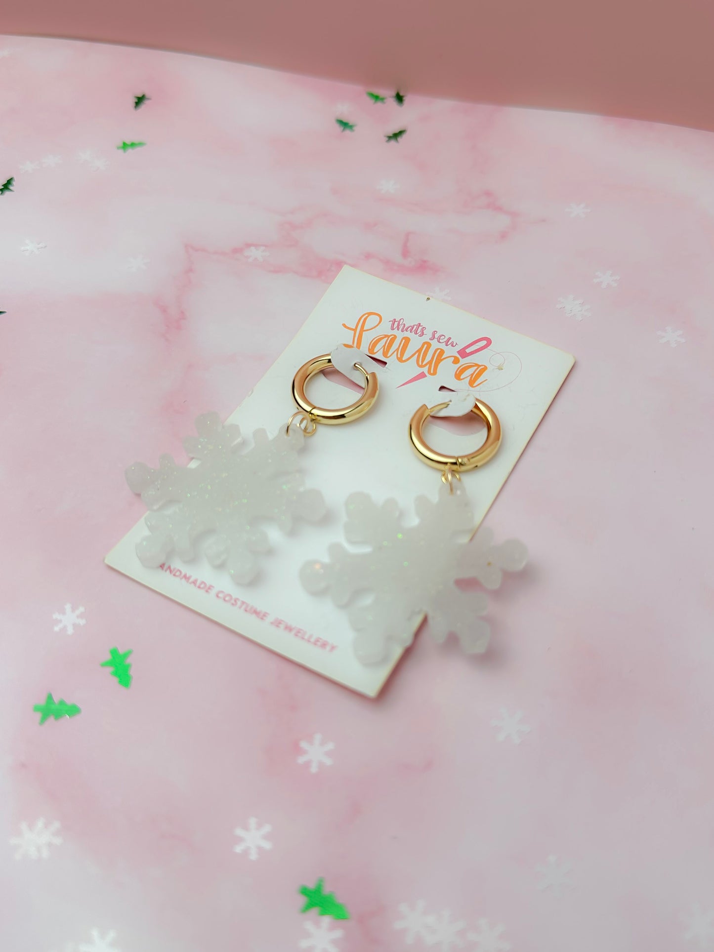 Snowflake - White glitter Huggie Hoop Resin Earrings
