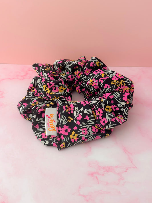 Flora - Black, Pink and Orange floral print Gym & Swim XL Scrunchie