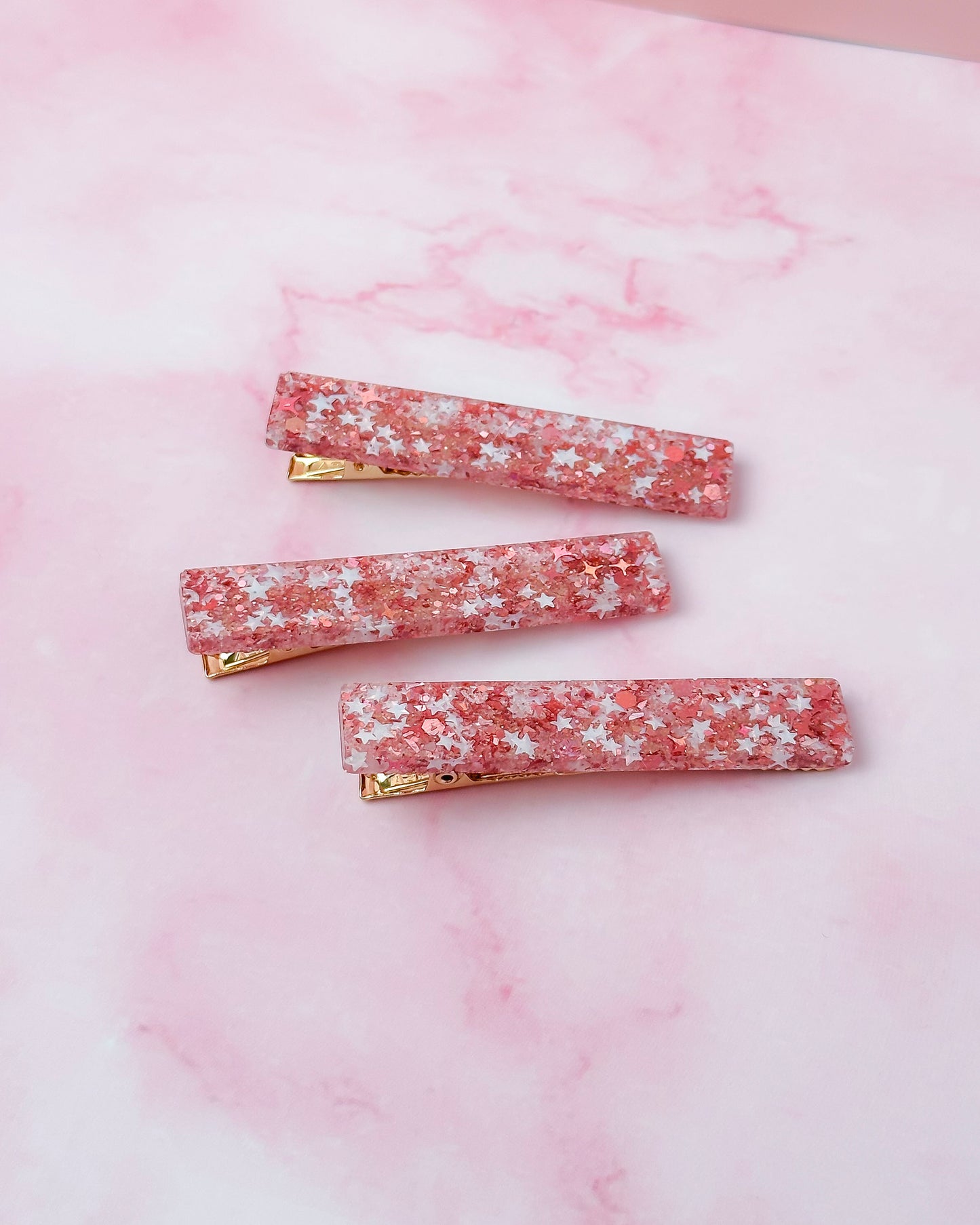 Seasonal Sparkle - Pink and Silver Trio Glitter Resin Hair Clips
