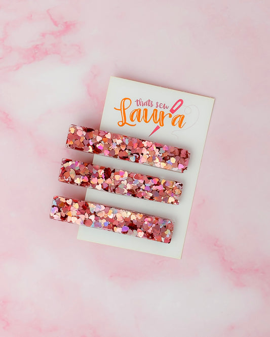 Romance - Pink Heart Glitter Trio Resin Hair Clips