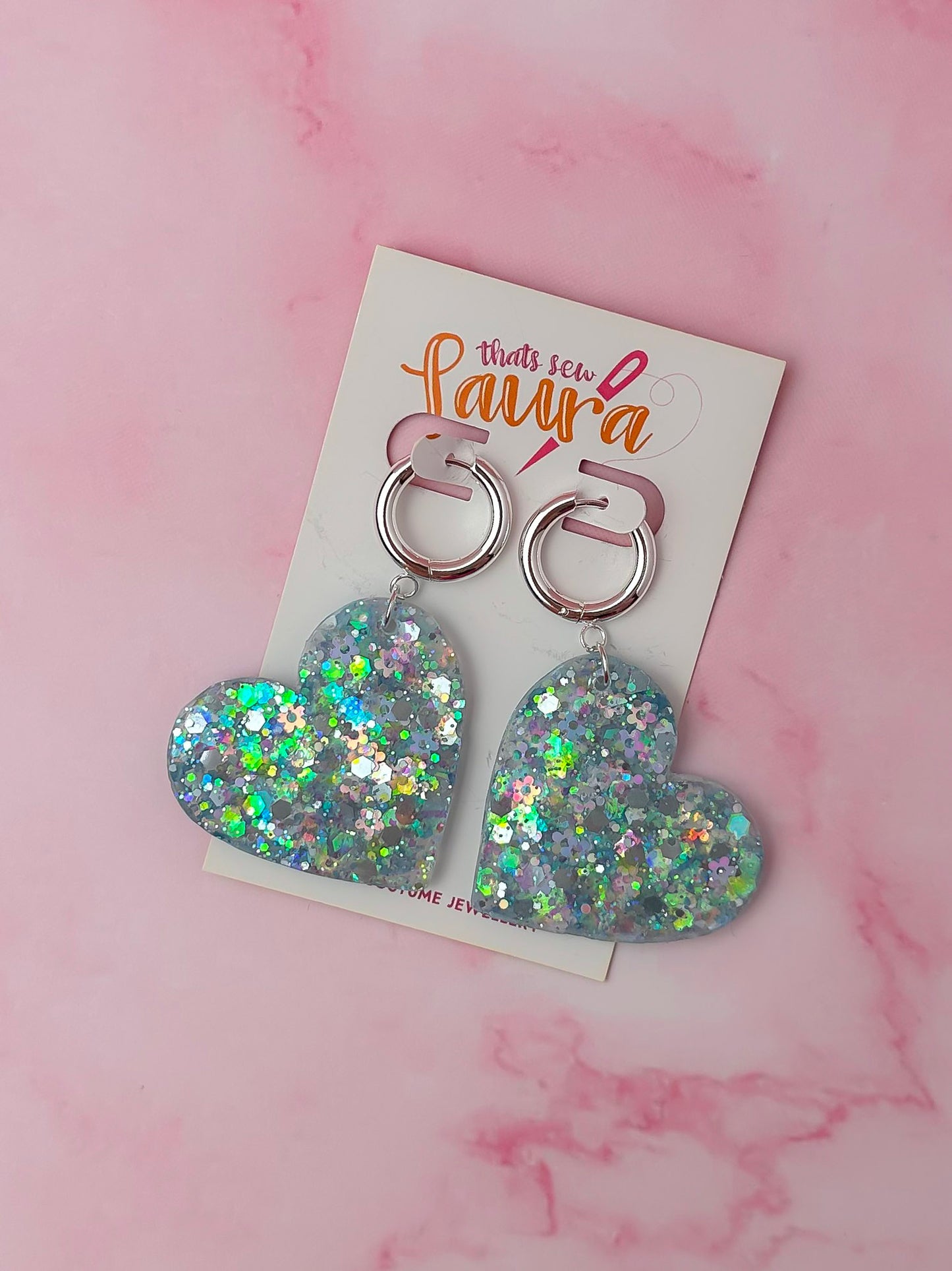 Blossom Heart - blue floral glitter Resin Earrings