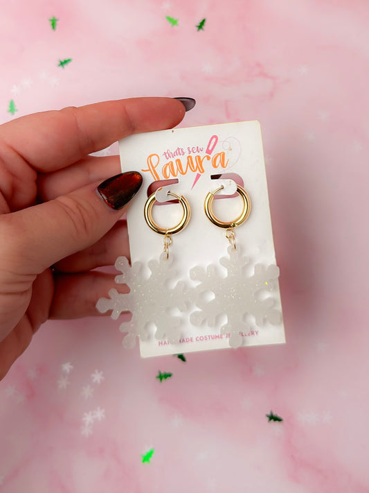 Snowflake - White glitter Huggie Hoop Resin Earrings