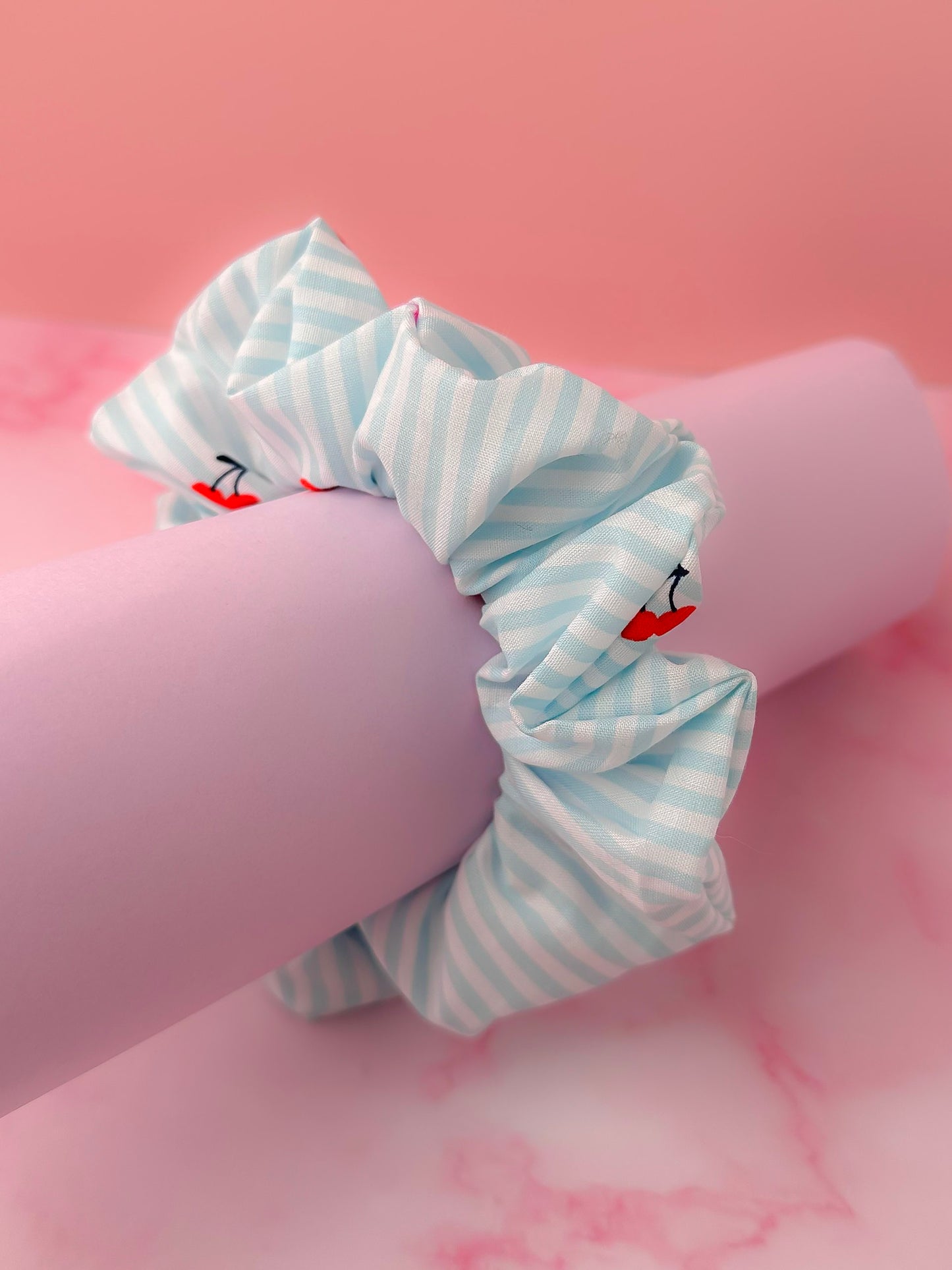 Cherrie - Blue & White striped cherry print classic scrunchie