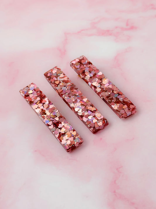 Romance - Pink Heart Glitter Trio Resin Hair Clips