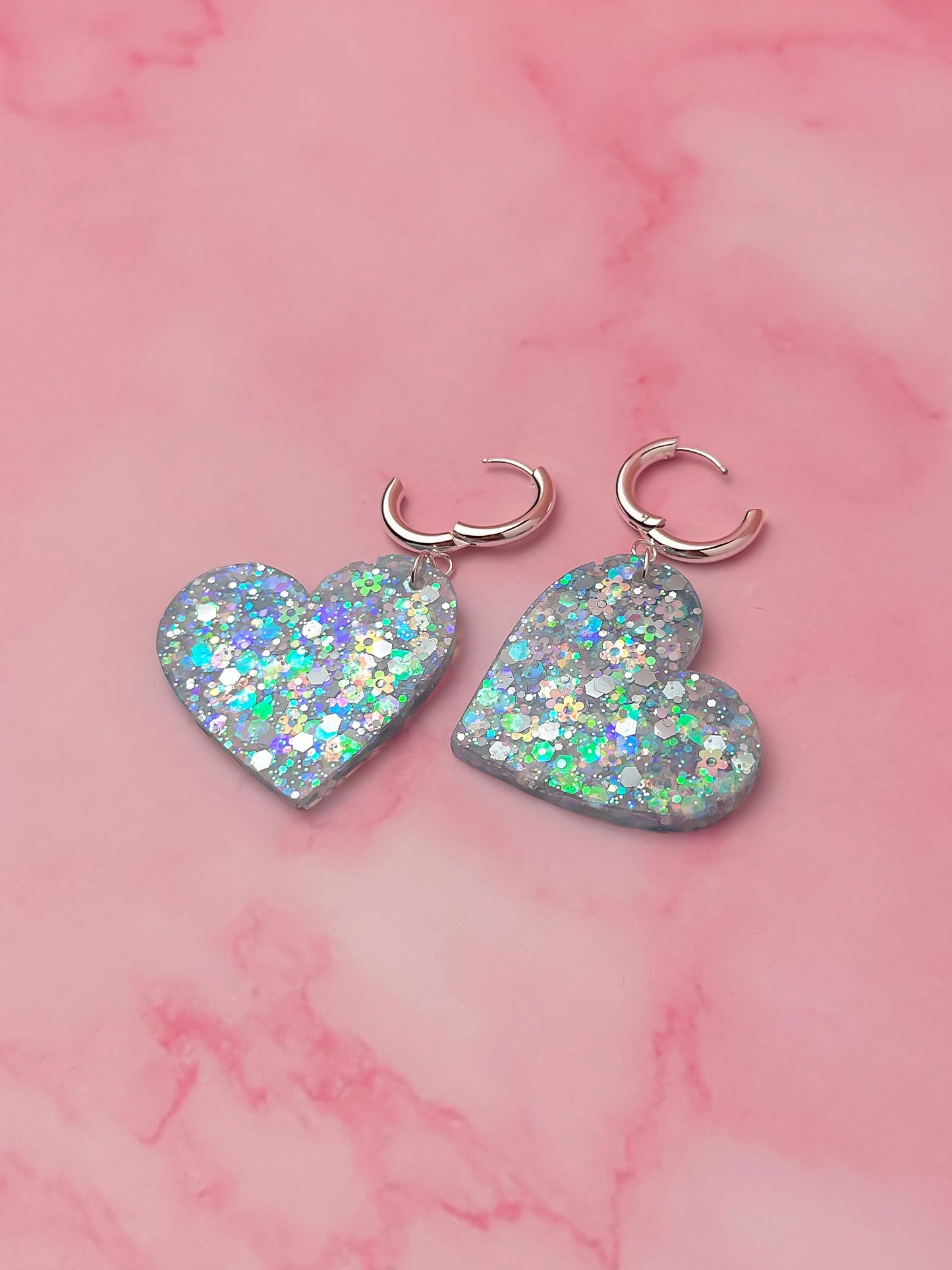 Blossom Heart - blue floral glitter Resin Earrings