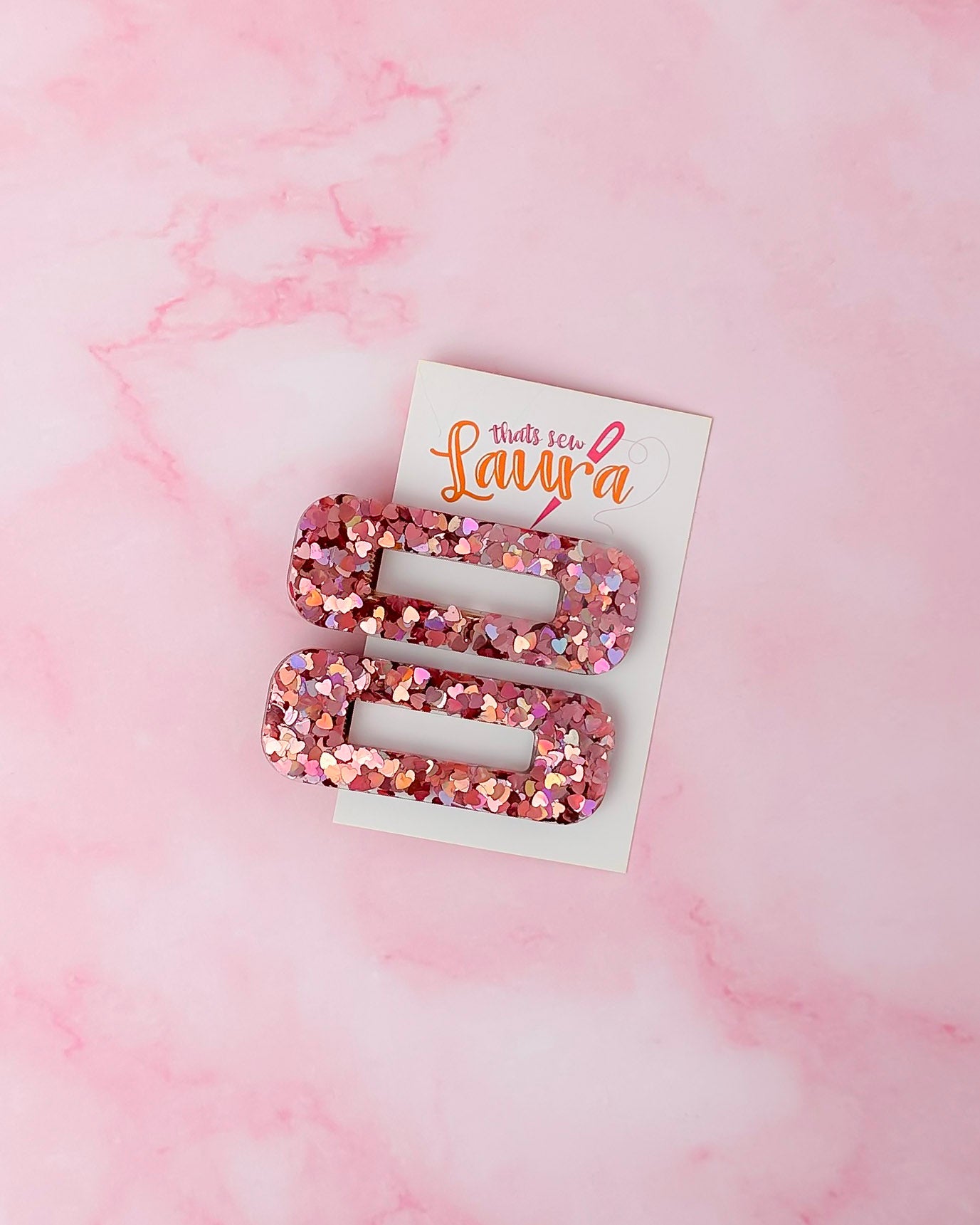Romance - Pink Heart Glitter Oblong Resin Hair Clips