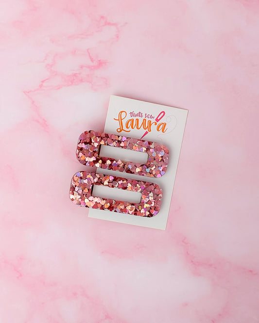 Romance - Pink Heart Glitter Oblong Resin Hair Clips