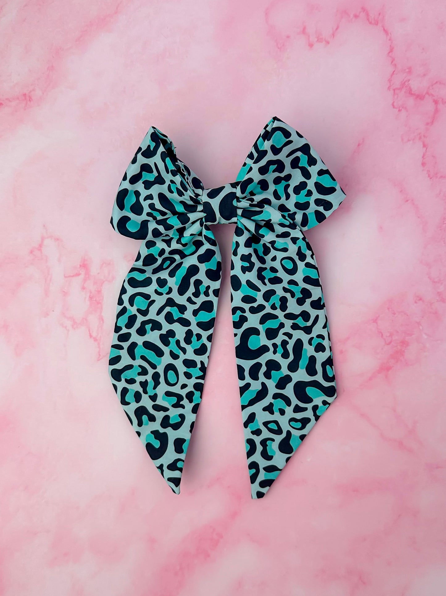 Brittany - Teal Leopard print long Hair Bow