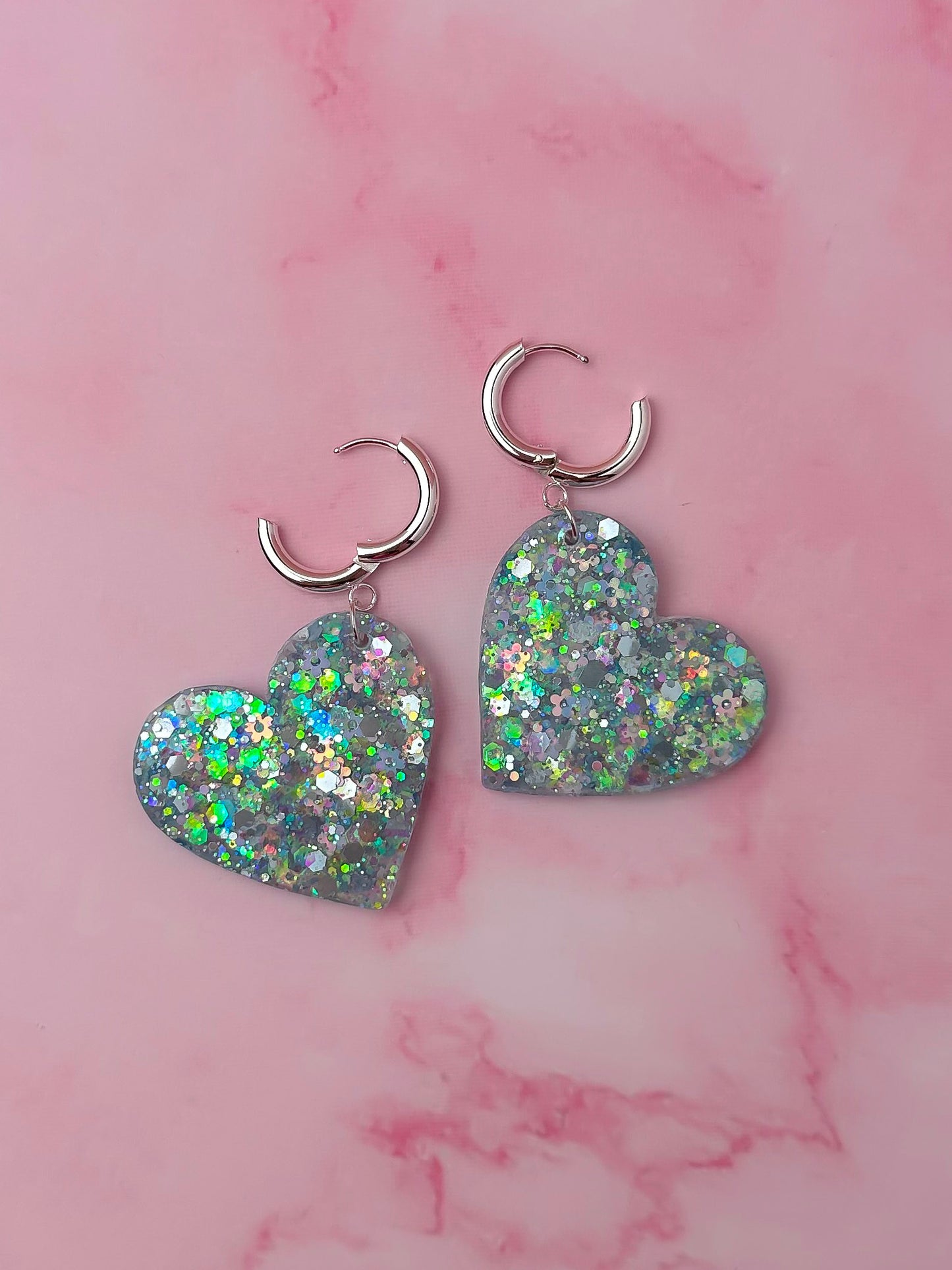 Blossom Heart - blue floral glitter Resin Earrings
