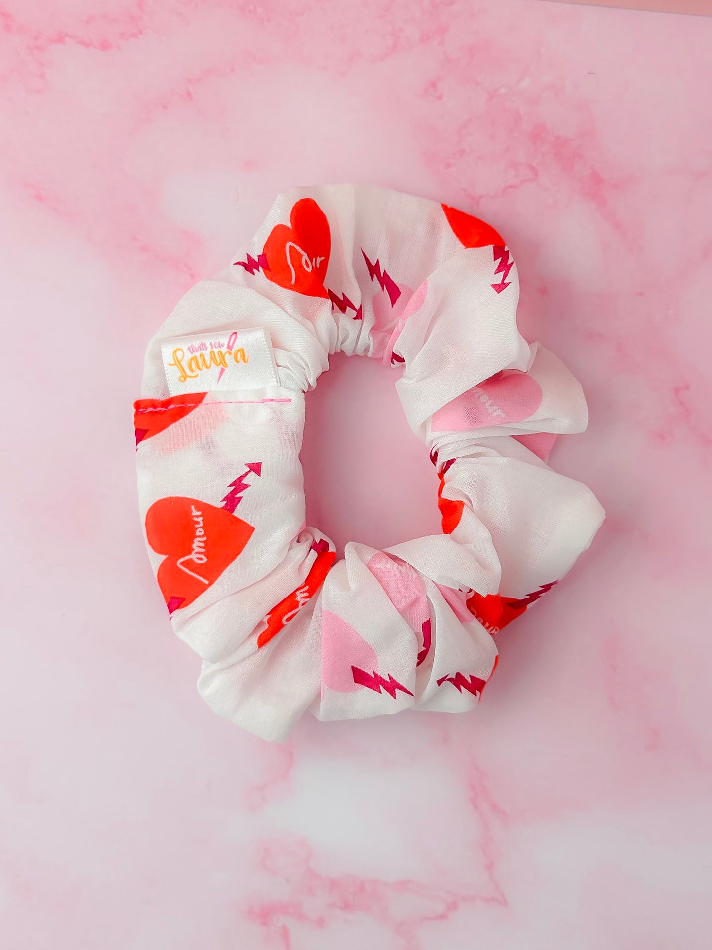 Amore - White & Pink heart print classic scrunchie