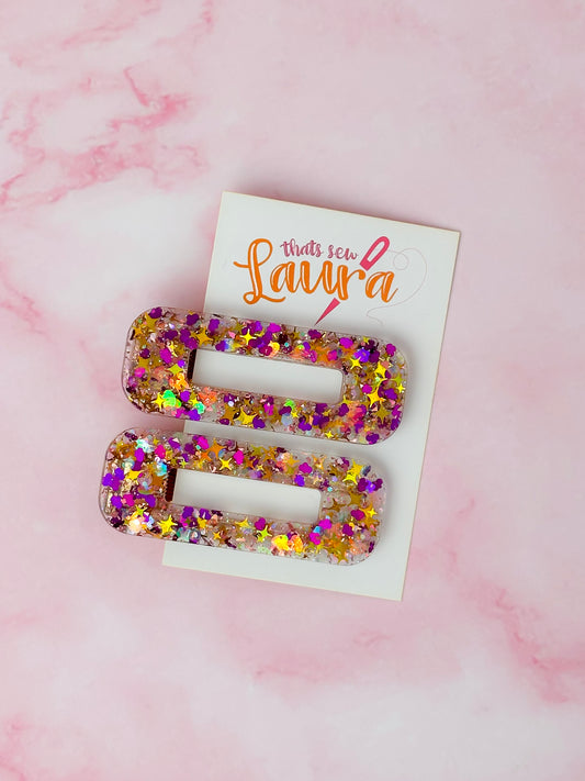Celebration - Purple & Gold Glitter Oblong Resin Hair Clips