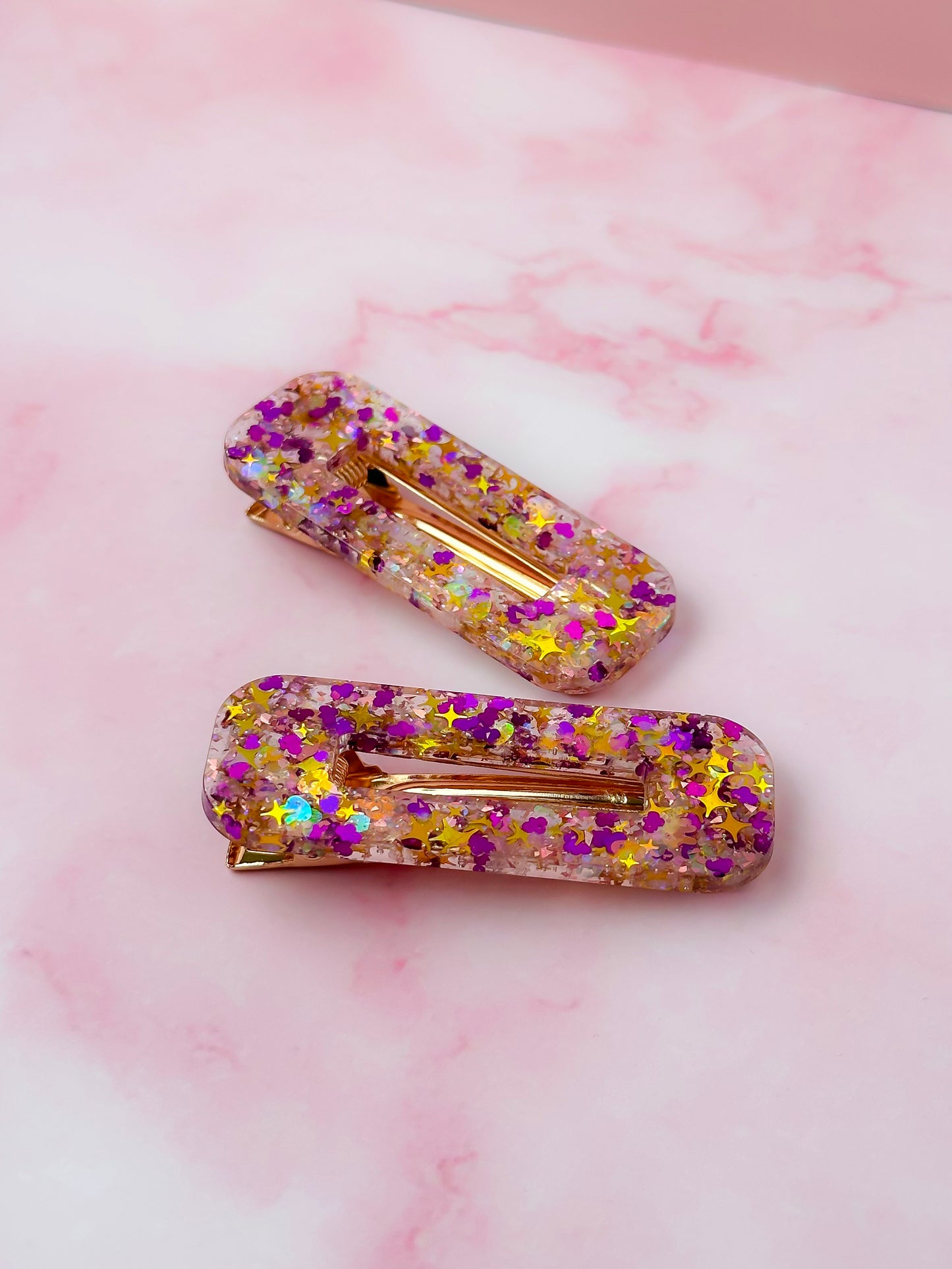 Celebration - Purple & Gold Glitter Oblong Resin Hair Clips