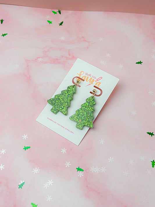 Starry Christmas Tree - Green star glitter ball stud Resin Earrings