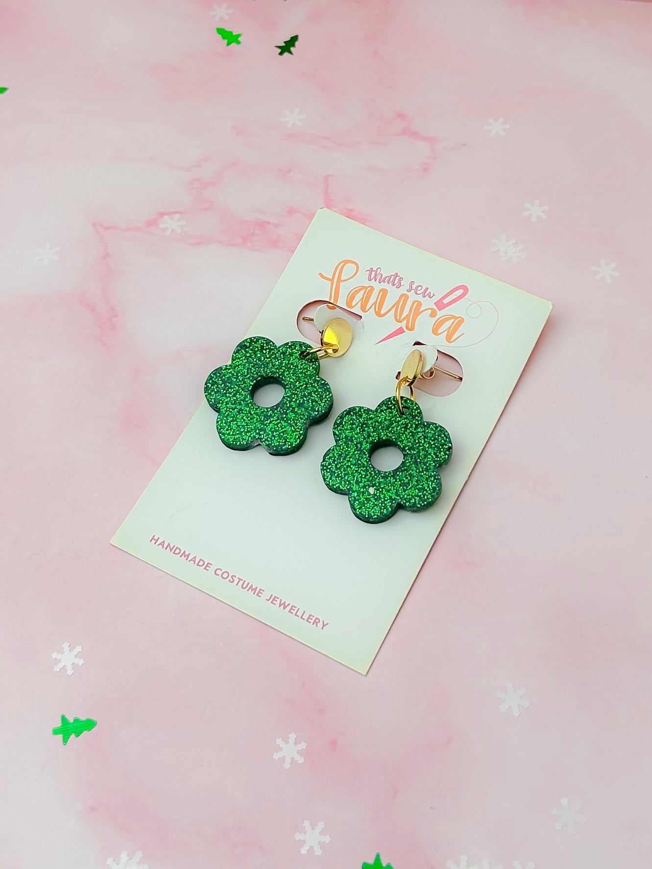 Christmas Flowers - Green glitter Christmas resin earrings