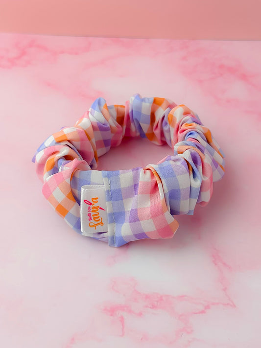 Jess- Lilac & Orange gingham print Wide scrunchie