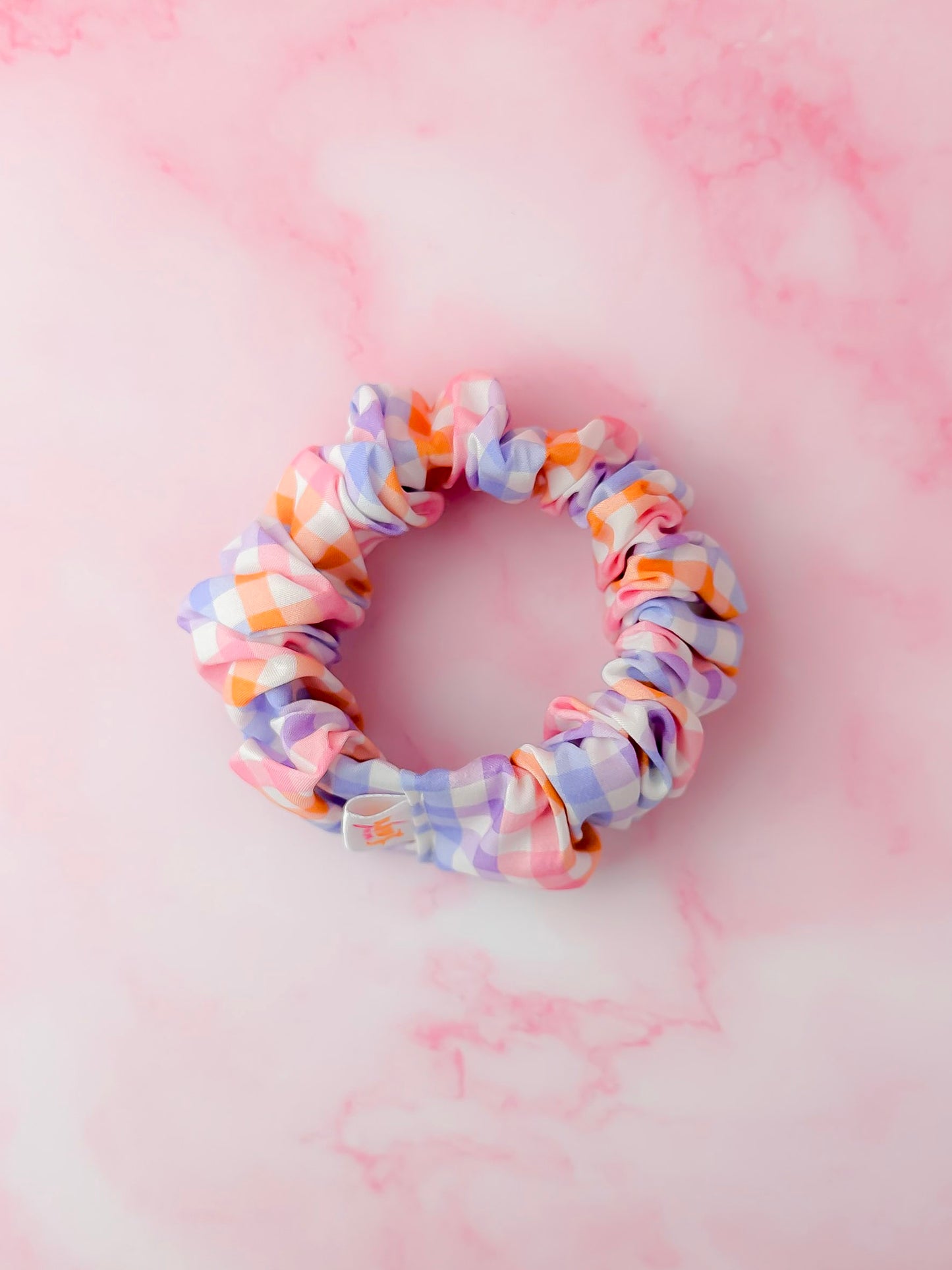 Jess- Lilac & Orange gingham print Wide scrunchie