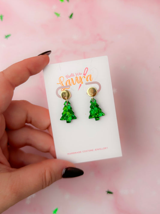 Christmas Trees - Green glitter Resin drop stud Earrings