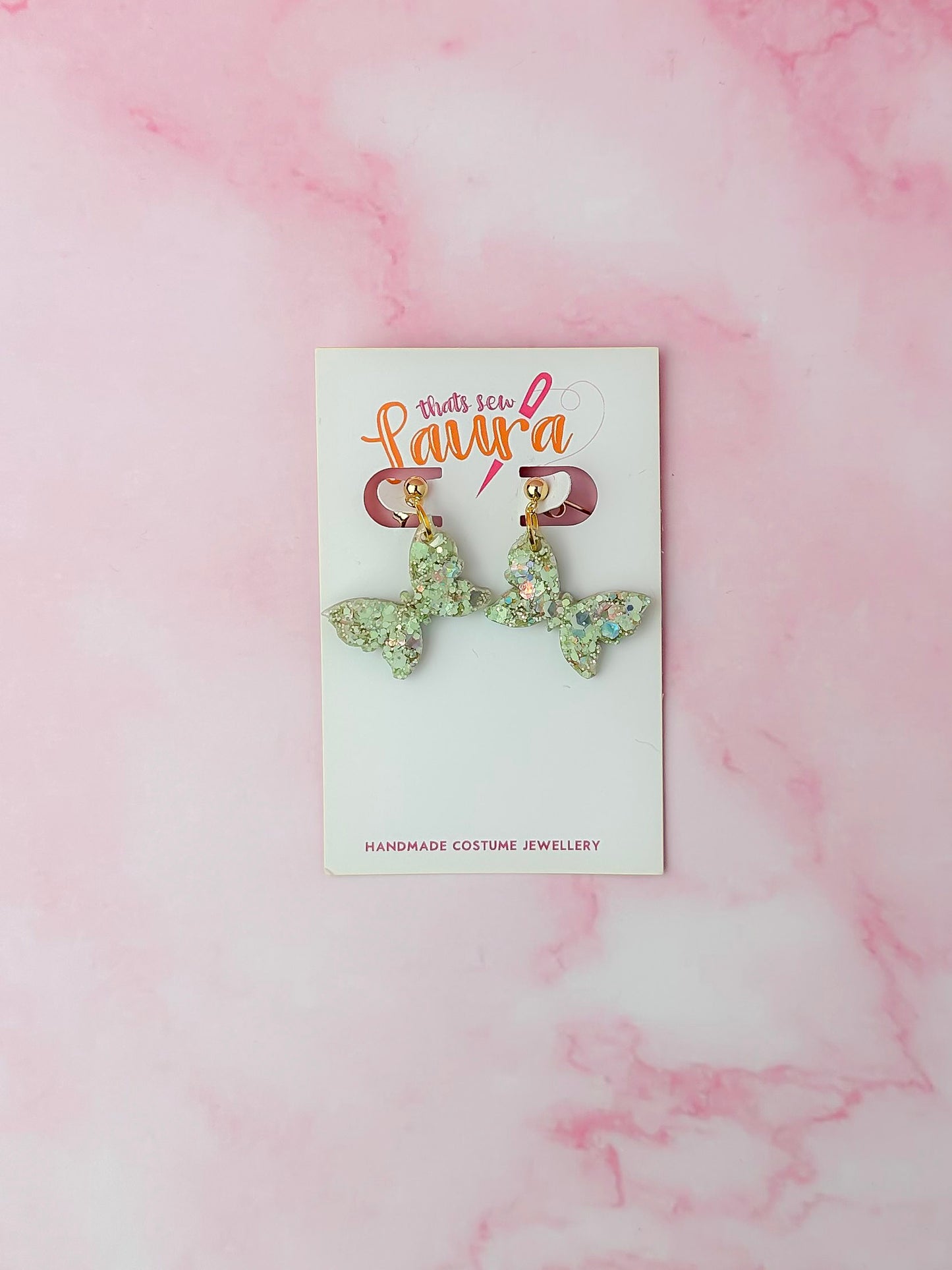 Meadow Butterflies - pastel green and gold glitter Resin Earrings