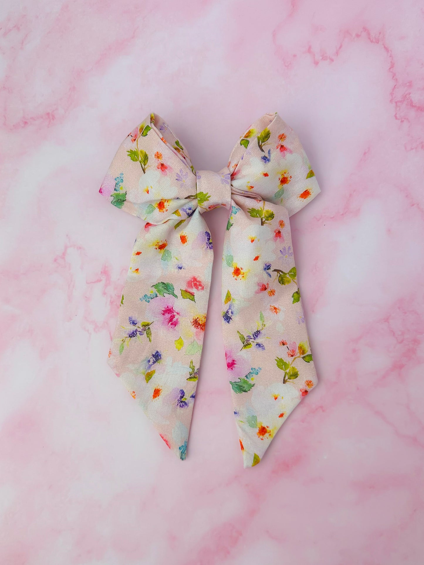 Eloise - Pink Floral print long Hair Bow