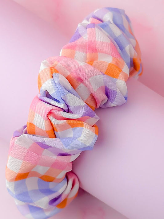 Jess- Lilac & Orange gingham print Wide scrunchie