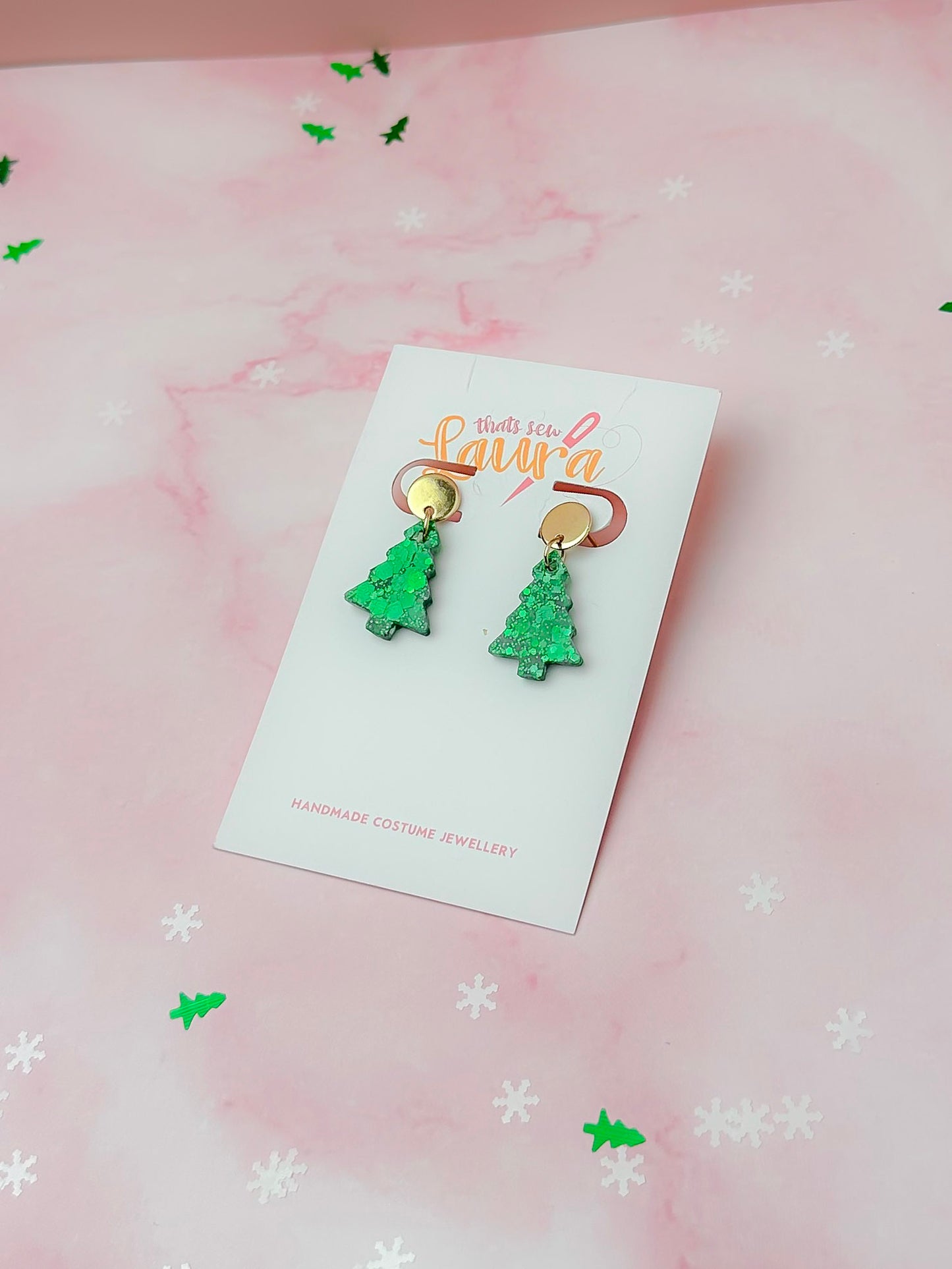 Christmas Trees - Green glitter Resin drop stud Earrings
