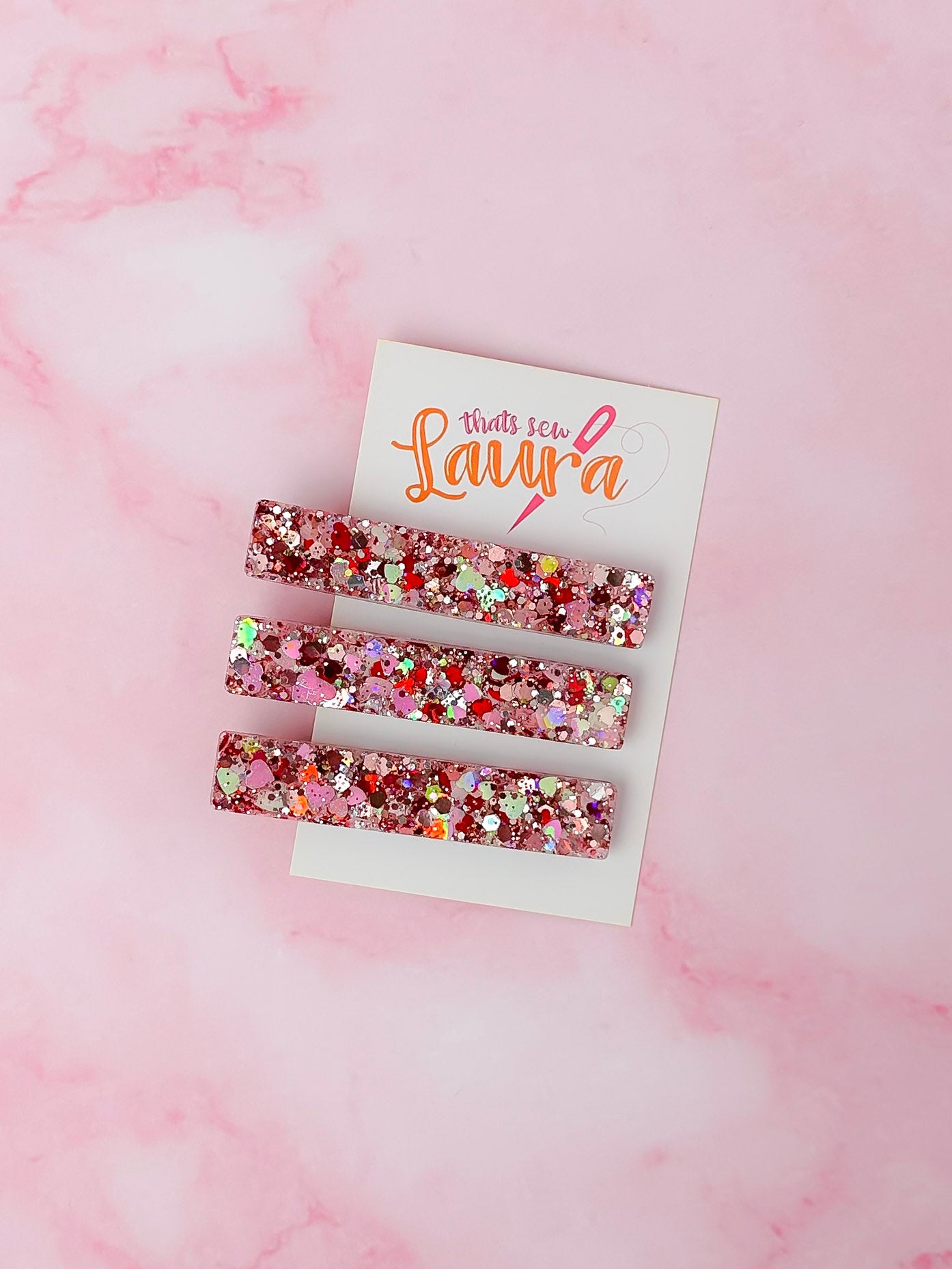 Lucia - pink and red heart glitter Trio Resin Hair Clips
