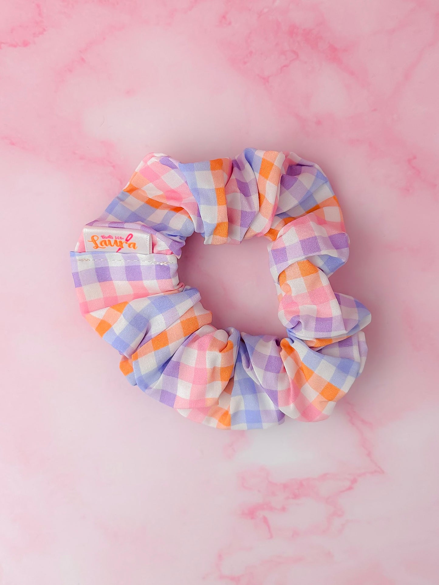 Jess- Lilac & Orange gingham print classic scrunchie