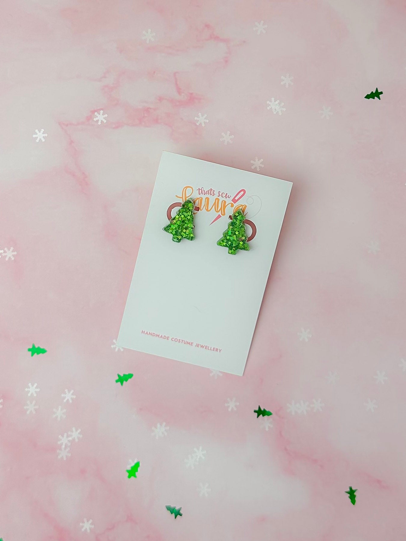 Starry Christmas Trees - Green star glitter Resin stud Earrings