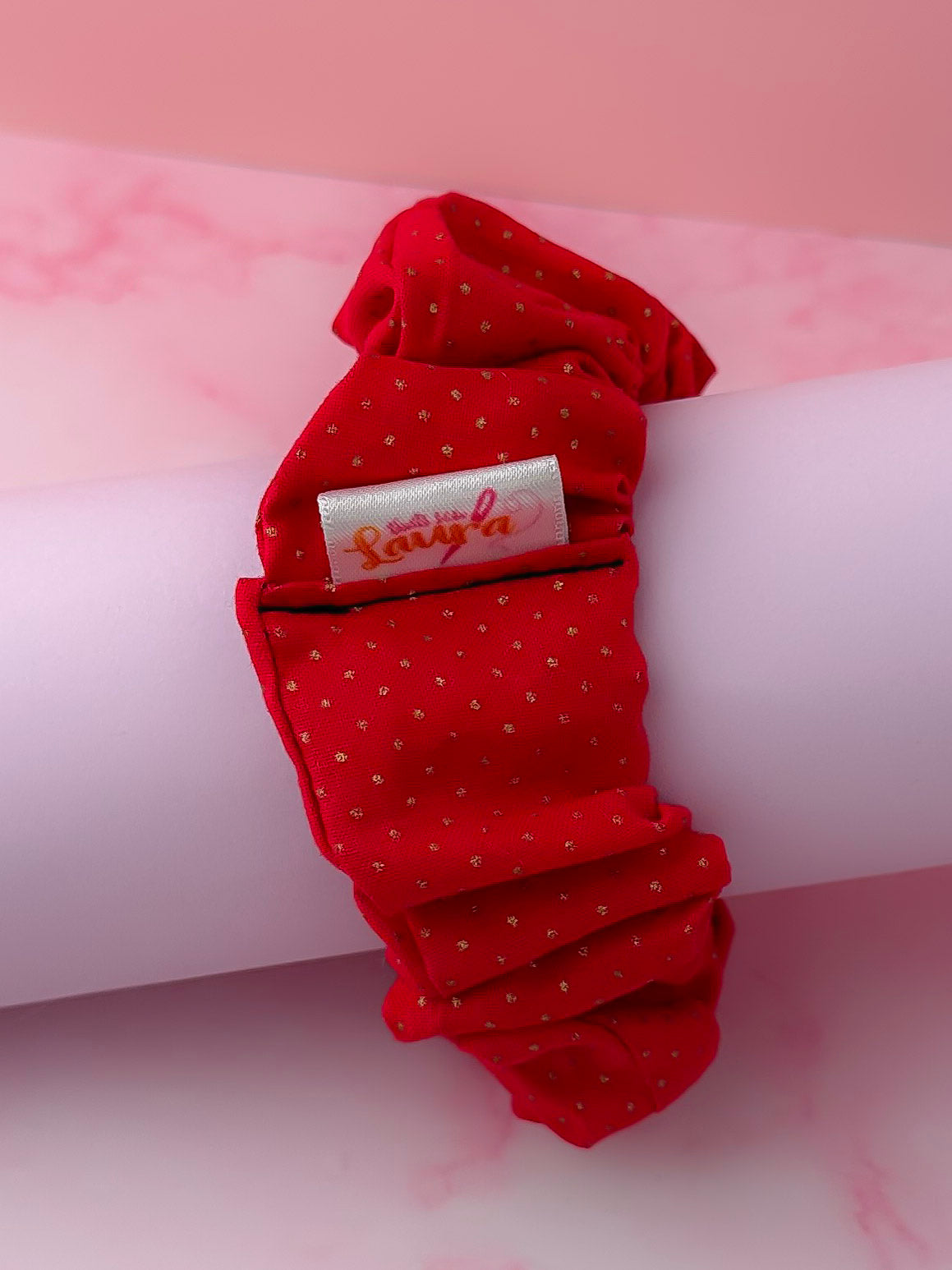 Scarlett -  Red & Gold polka dot print wide scrunchie