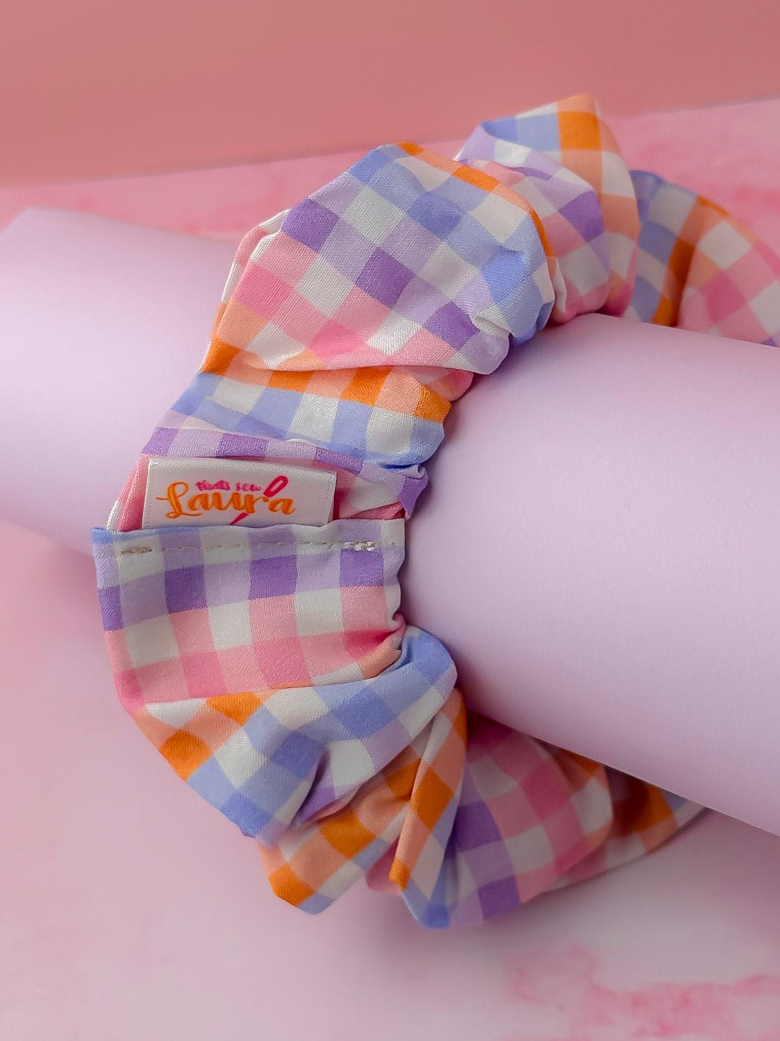 Jess- Lilac & Orange gingham print classic scrunchie