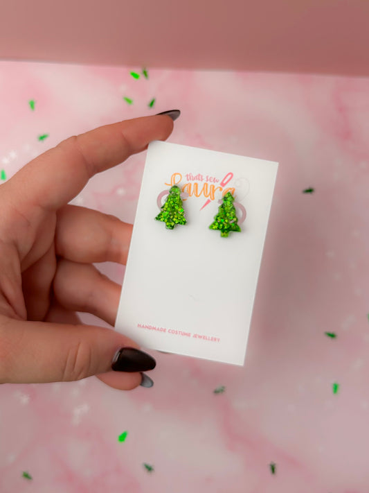 Starry Christmas Trees - Green star glitter Resin stud Earrings